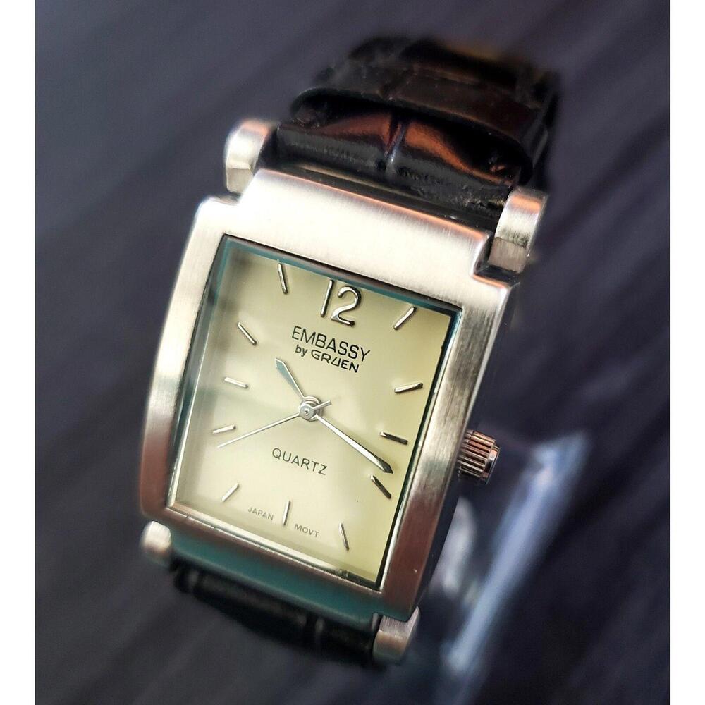 Rare Hinged Lug Embassy Gruen Vintage‎ Men's Tank Watch NOS